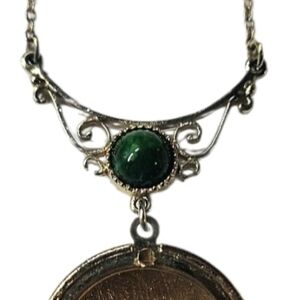 Gold-tone locket necklace, SarahCoventry, with green cabochon accent